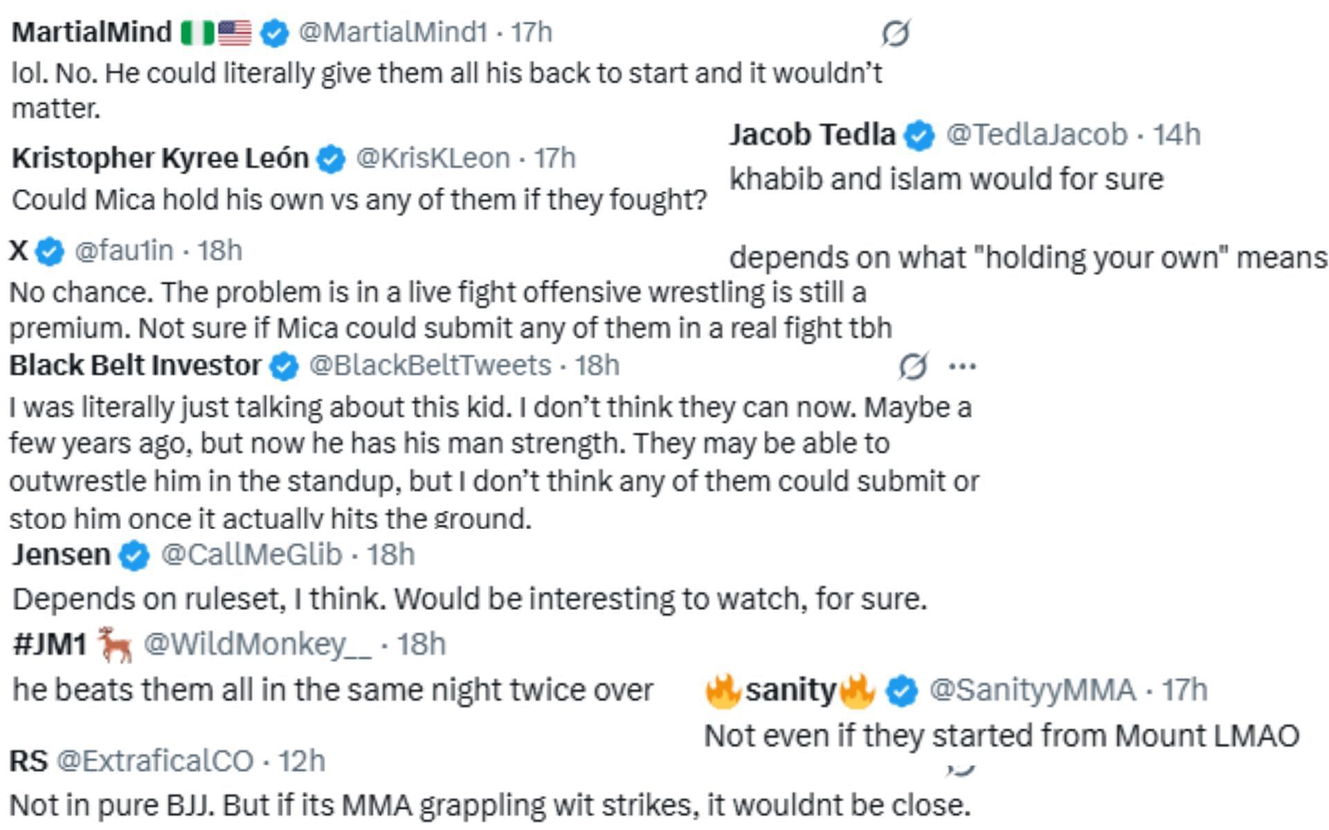 Screenshots of fan reactions to Craig Jones' post about Khabib Nurmagomedov and co. vs. Mica Galvao
